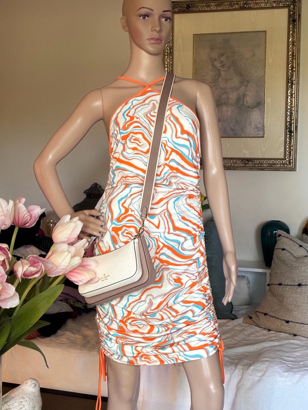 Forever 21 Orange, White & Aqua Marble Halter Bodycon Dress